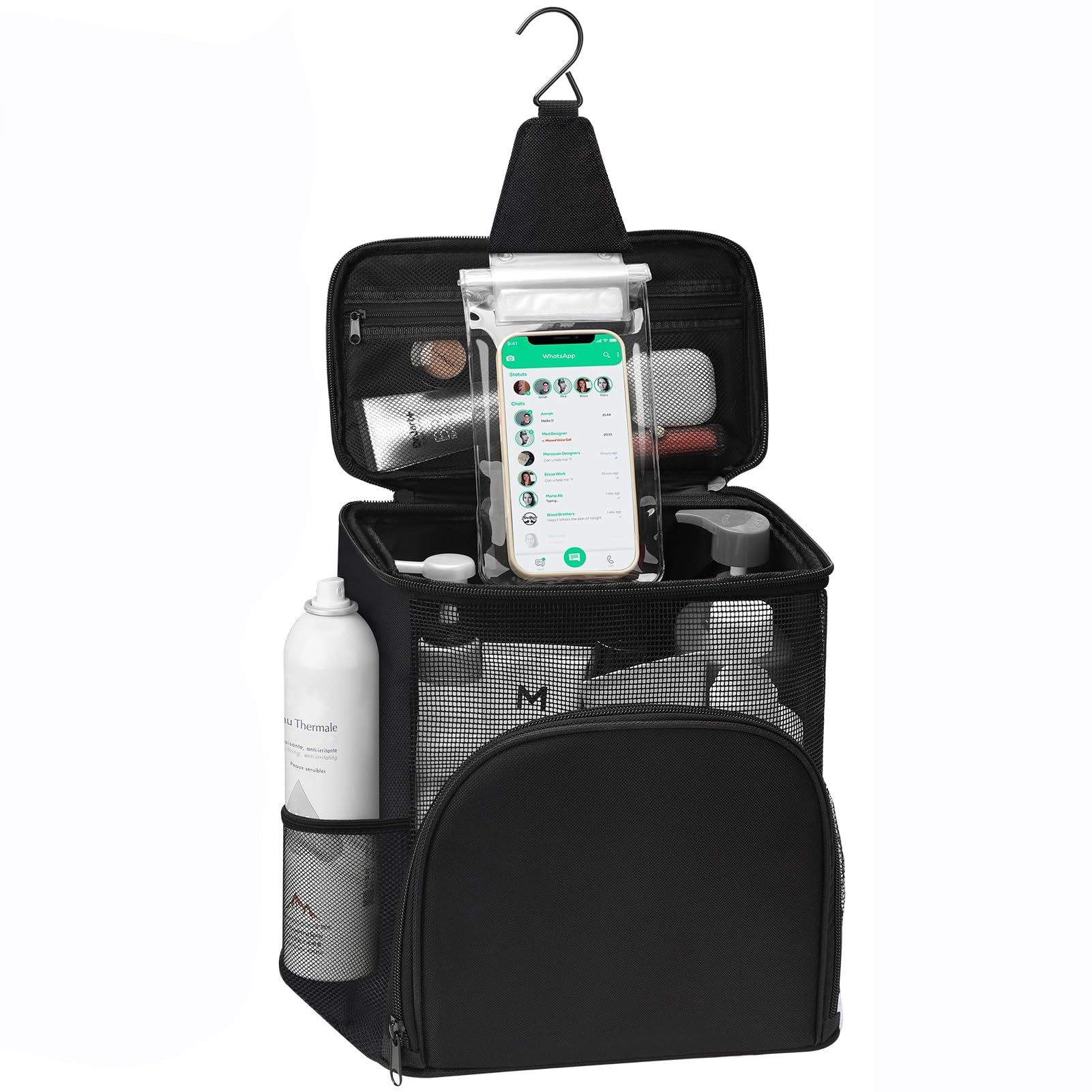 Photo 1 of BINSUNS Portable Shower Caddy Toiletry Organizer - Hanging Toiletry Bag Mesh Shower Caddy Tote Bag with Phone Holder Quick Dry for College Dorm Gym Camp(Black)