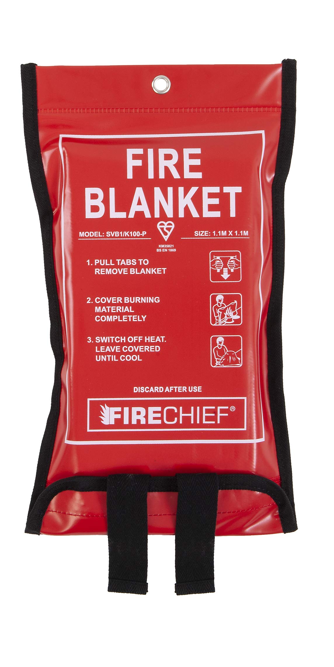 Firechief SVB1/K100-P Premium Kitemarked Fire Blanket | Small Fire Blanket (1.1 m x 1.1 m) | Suited For Use Around The Home (Kitchen, Office, Garage), 101-1489, Red