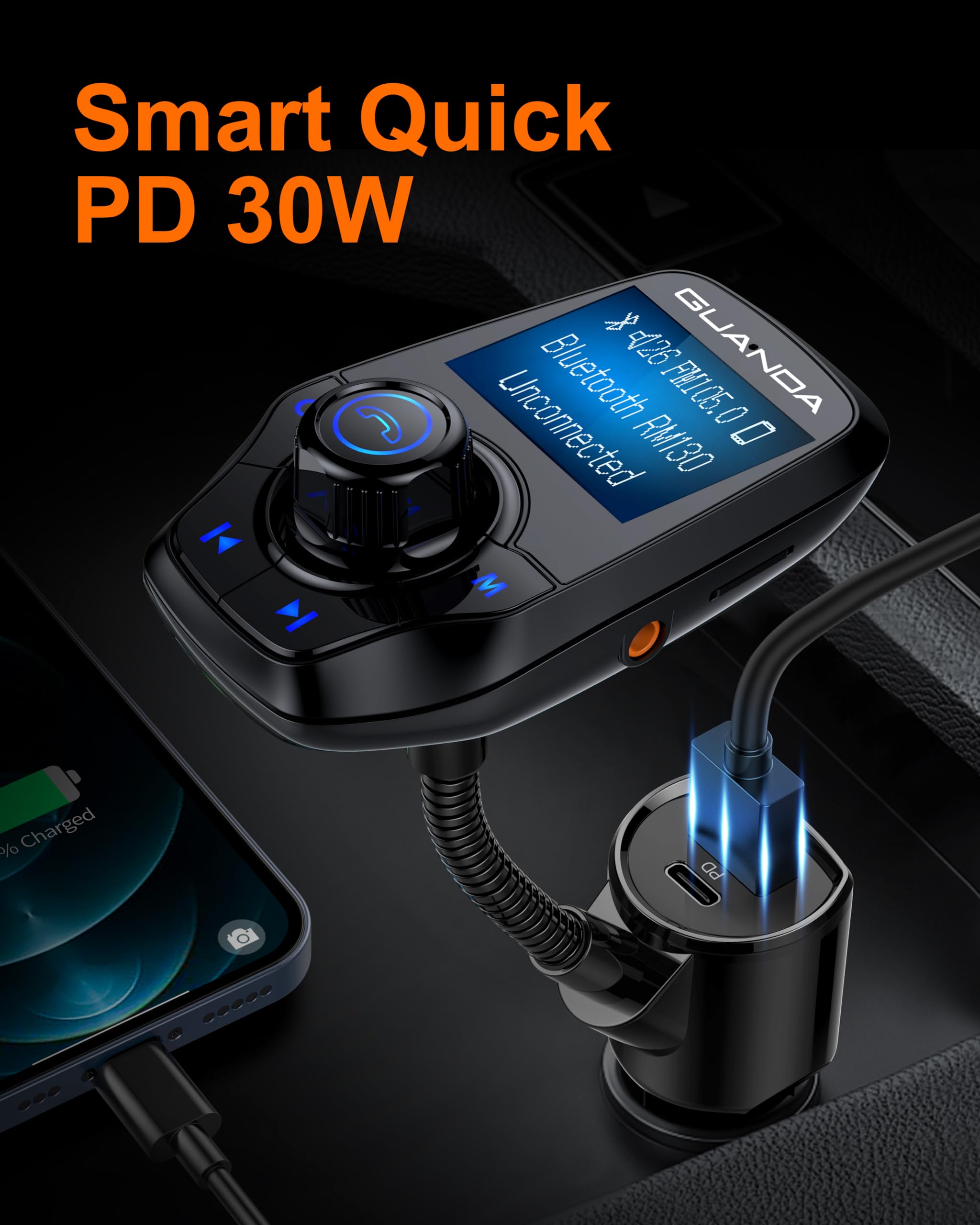 FM-Transmitter Bluetooth 5.3 für Autos, Bluetooth-Radioadapter-Transmitter für Autos, kabelloser Audio-Transmitter und -Empfänger, 1,44-Zoll-Display, AUX-EIN-/Ausgang, SD-/TF-Karte, USB-C-Ladegerät 6