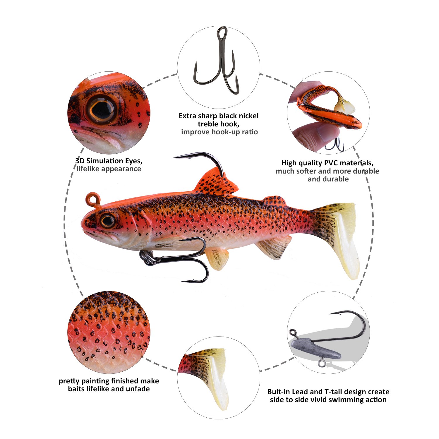 Goture Agiler Lead Jigs Soft Fishing Lures with Hook Sinking Swimbaits for Saltwater and Freshwater 5 Colors Available (Pack of 5)