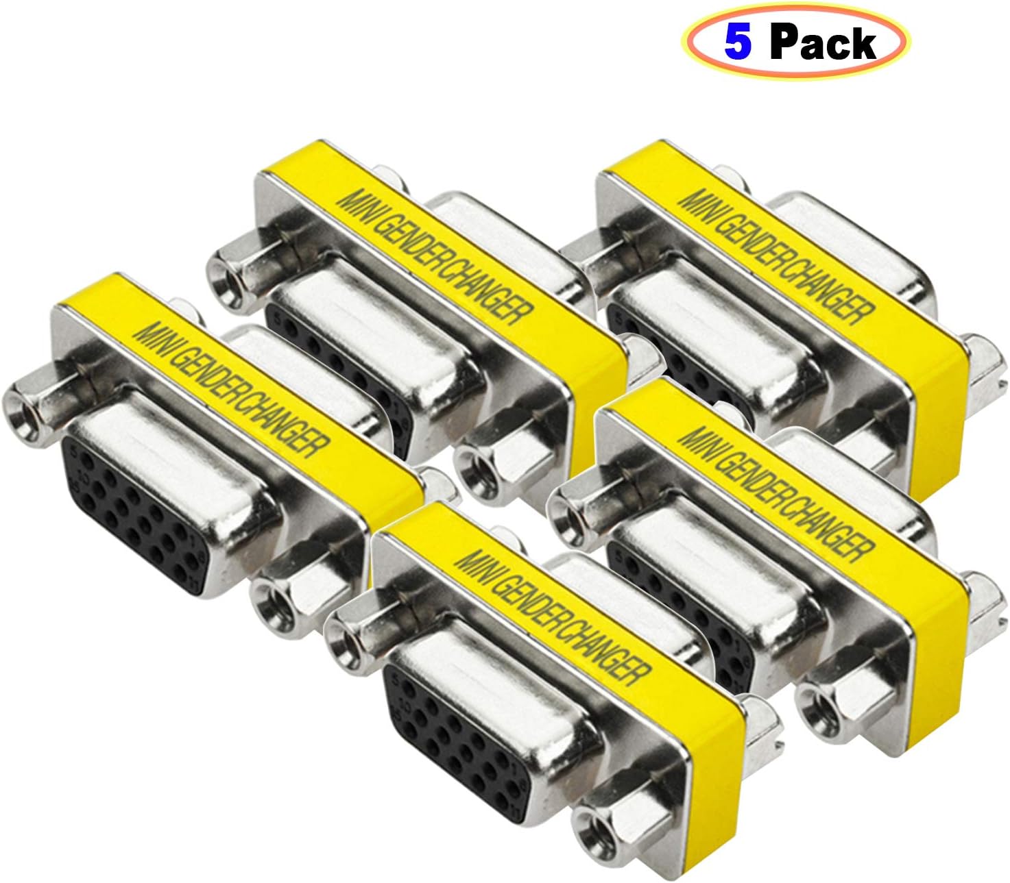 VGA Adapter, 5 Pack Male to Female Coupler Gender Changer, High Resolution SVGA, XGA, UXGA, Full HD, WUXGA Supported, for Monitor, Projector Connections