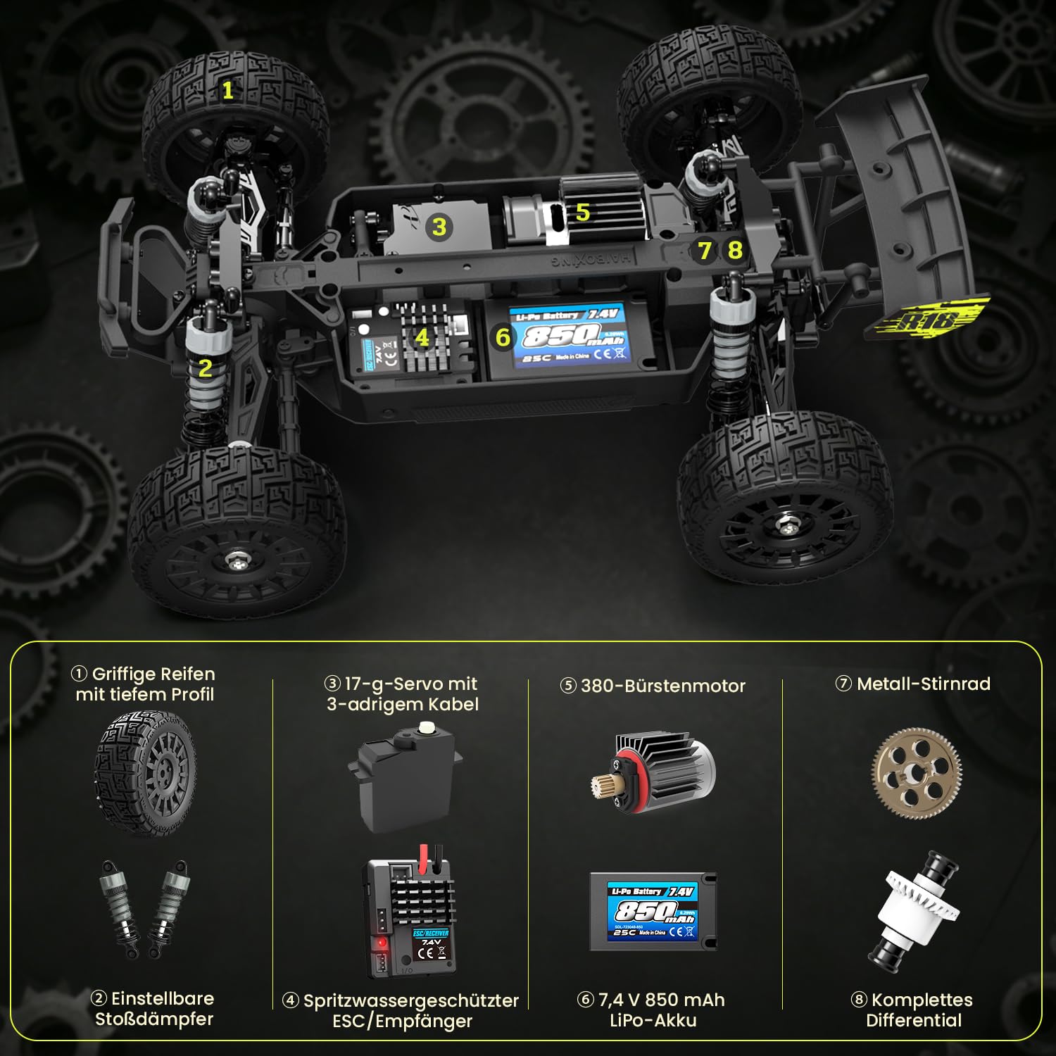 HAIBOXING 18856 1:18 4WD Ferngesteuertes Auto Offroad Monstertruck, 36 km/h Hochgeschwindigkeits RC Auto, Wasserdichter Geländewagen mit 2 Akkus, Spielzeug für Kinder und Erwachsene 3