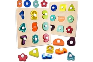 Faburo 2pcs Wooden Puzzles for Toddlers 1-3, Learning Puzzles Board with Words, Montessori Educational Toys Ages 1 2 3, Jigsaw Peg Toddler Puzzles Ages 1-3