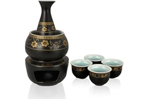 PUNNIO Janpanese Sake Set with Wamer, Ceramic 7pcs Sake Set with 1 Sake Carafe 4 Sake Cups 1 Sake Warmer 1 Candle Stove (Blac