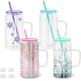 16oz Sublimation Snowglobe Cups with Handle, 4 Pack Pre-Drilled Sublimation Glass Cup with Lid and Straw, Double Wall Glass Coffee Mug, Snowglobe Cup Gifts for Snow Globe DIY Glitter, Colored Lids