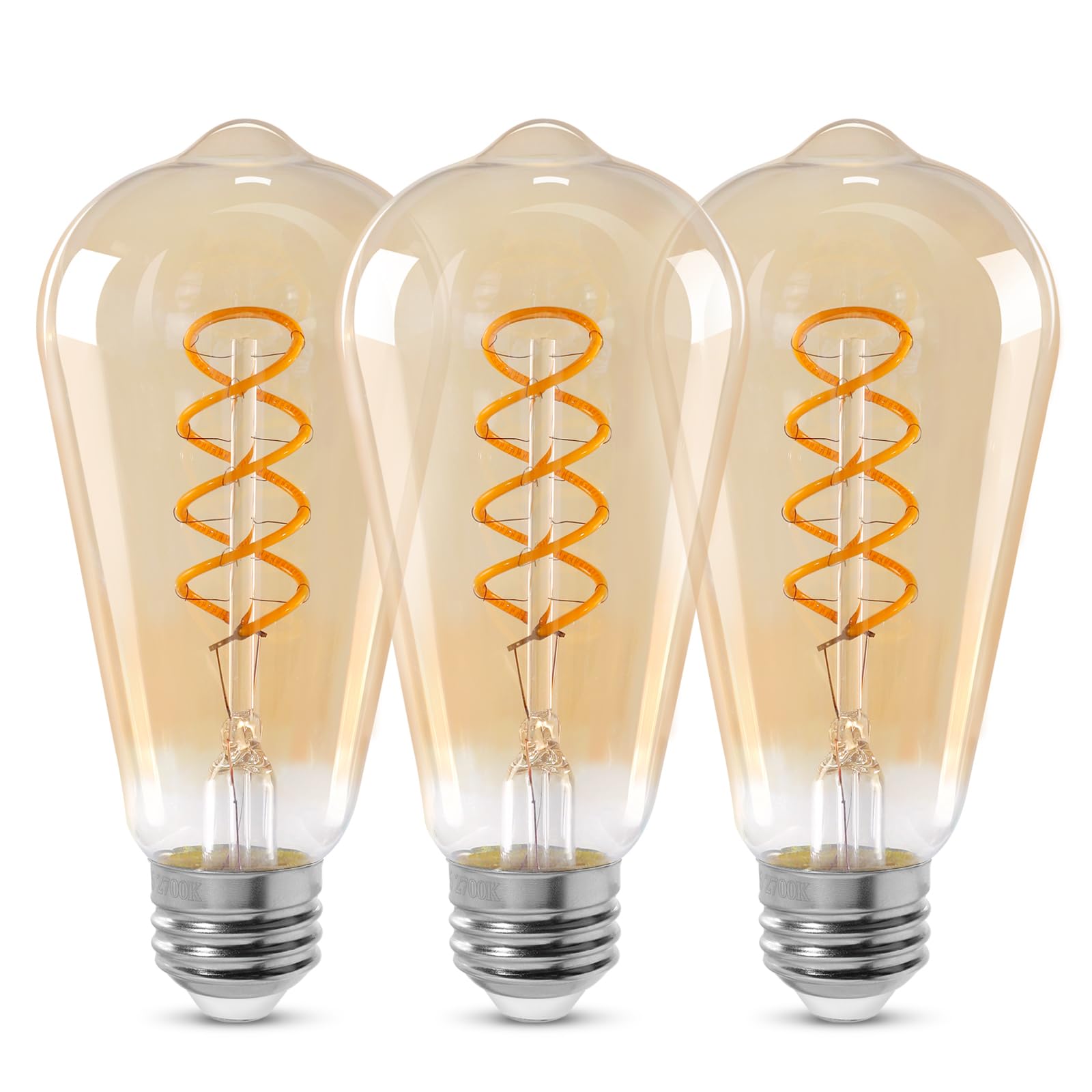Photo 1 of Decoaui ST64 LED E26 Vintage Edison Light Bulbs, Light Amber Glass, Dimmable, 4W(40W Equivalent) 300 Lumin, 2500K Warm White, Spiral Filaments Design, Antique Style, 25000 Hrs, 3-Pack