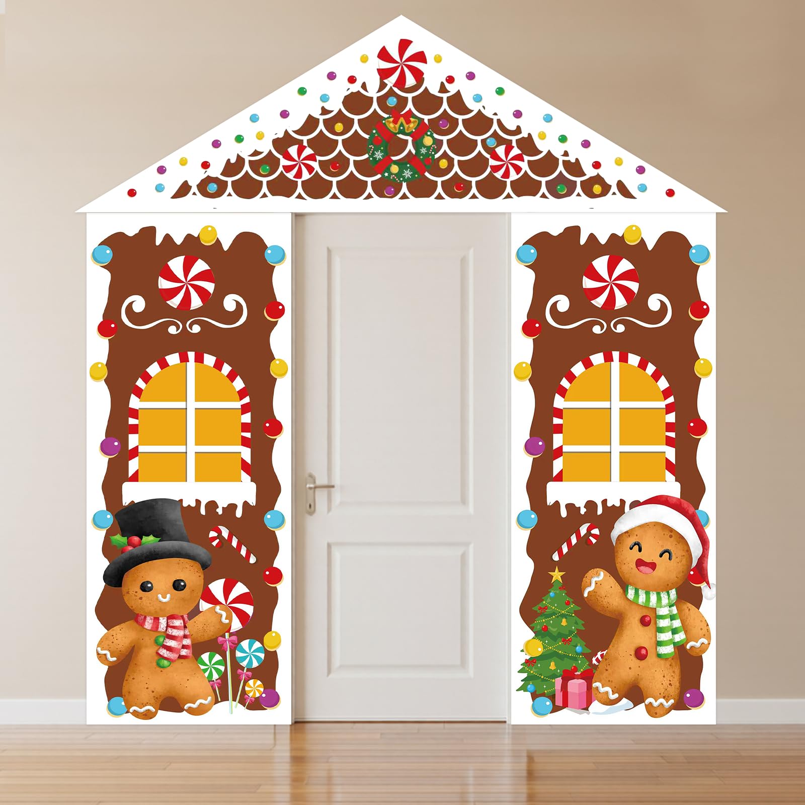 Photo 1 of ?3Pcs Christmas Gingerbread House Door Cover Decorations, Gingerbread Door Cover, Christmas Candy House Hanging Backdrop Door Banner Porch Sign for Outdoor Indoor Holiday Home Photography Party Decor