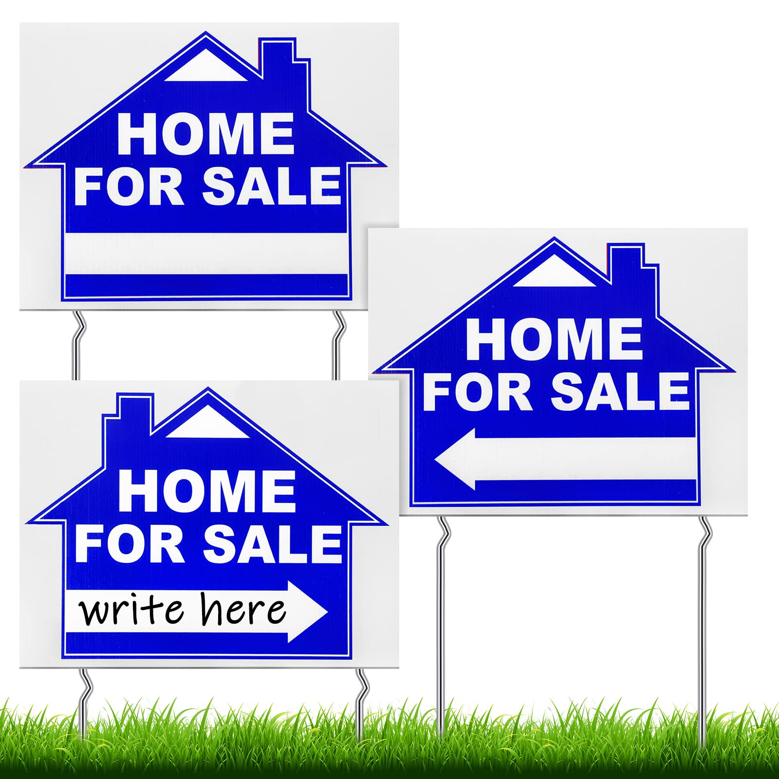 Photo 1 of 3 Pcs 12 x 16 Inches Home for Sale Signs with Stakes Double Sided Home for Sale by Owner Yard Sign with Directional Arrow Open House Real Estate Agents(Blue, White)