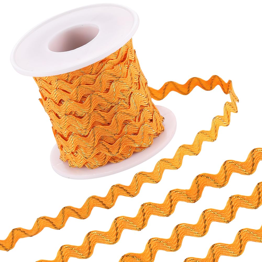 GORGECRAFT 15m Rick Rack Trim 5mm Wave Bending Fringe Trim Orange Sparkle Ribbon with Gold Wire Edge Lace Metallic Braid Trim Woven Webbing Fringe for DIY Crafts Clothes Embellishment Gift Wrapping