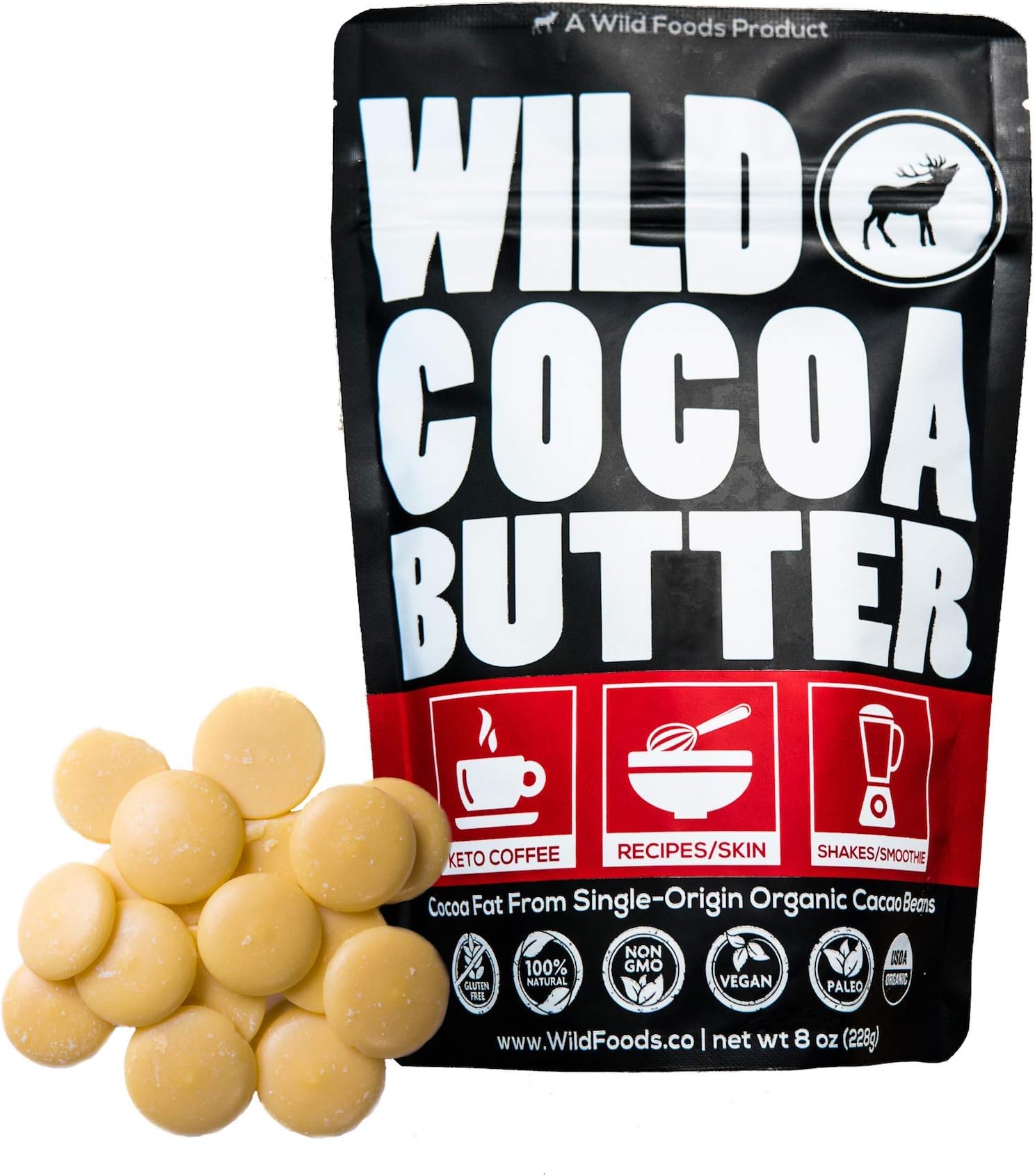 Raw Organic Cocoa Butter Wafers from Peru | Unrefined, Non-Deodorized, Food Grade, Plant-Based, Paleo, Vegan Body Butter - Great for DIY Recipes, Smoothies, Keto Coffee, Skincare and Haircare (8 oz)