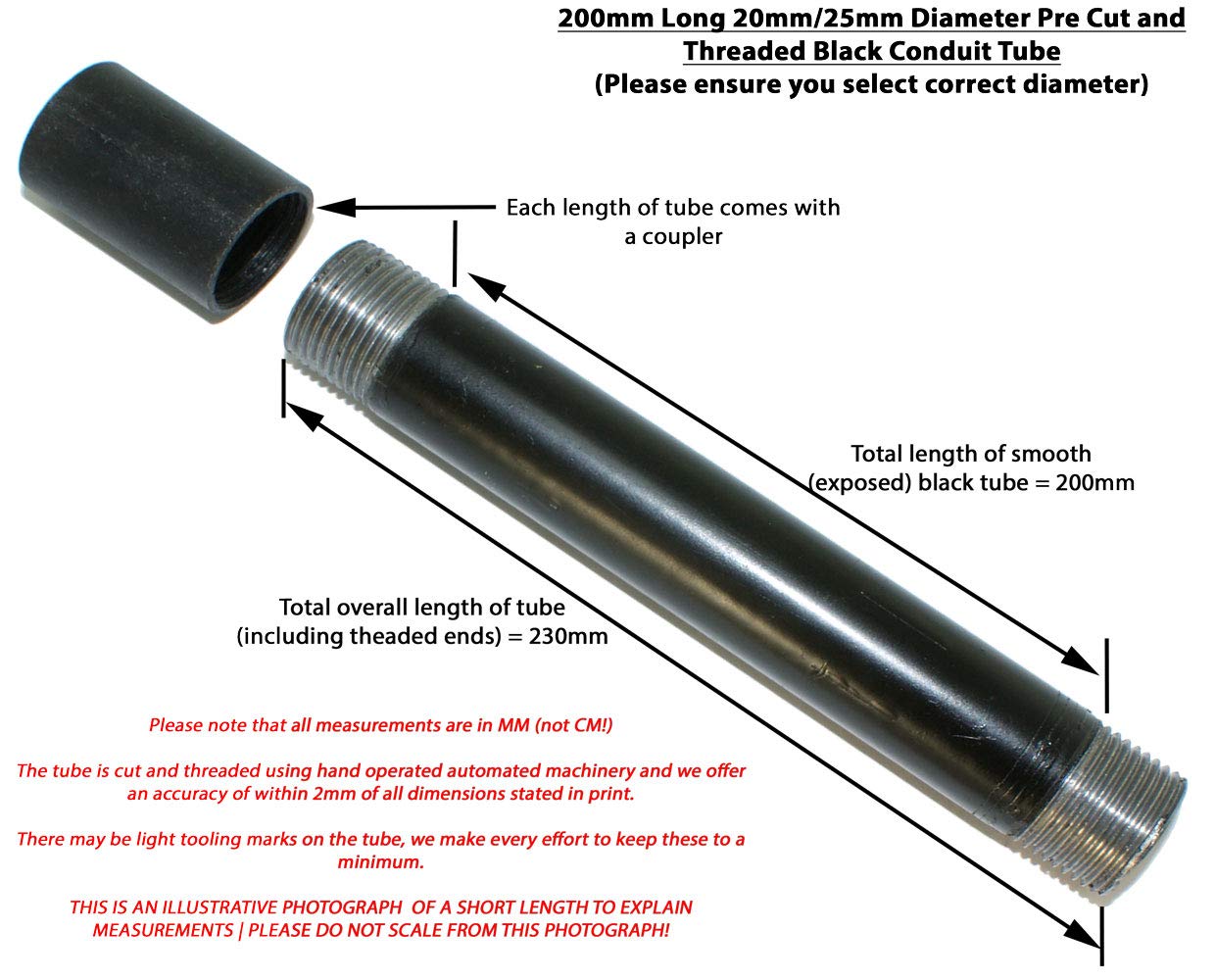 Black Steel Conduit Tube mm And 25mm Diameter Tube Pre Cut And Threaded Short Lengths 530mm Total Length 25mm Diameter Black Conduit 500mm Electrical Boxes Conduit Fittings Business Industry Science