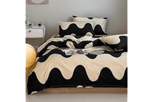 LAYENJOY Ripple Duvet Cover Set Queen, 100% Cotton Bedding, Cream White Black Geometric Pattern Printed, 1 Abstract Comforter Cover Full and 2 Pillowcases for Kids Teens Boys Girls