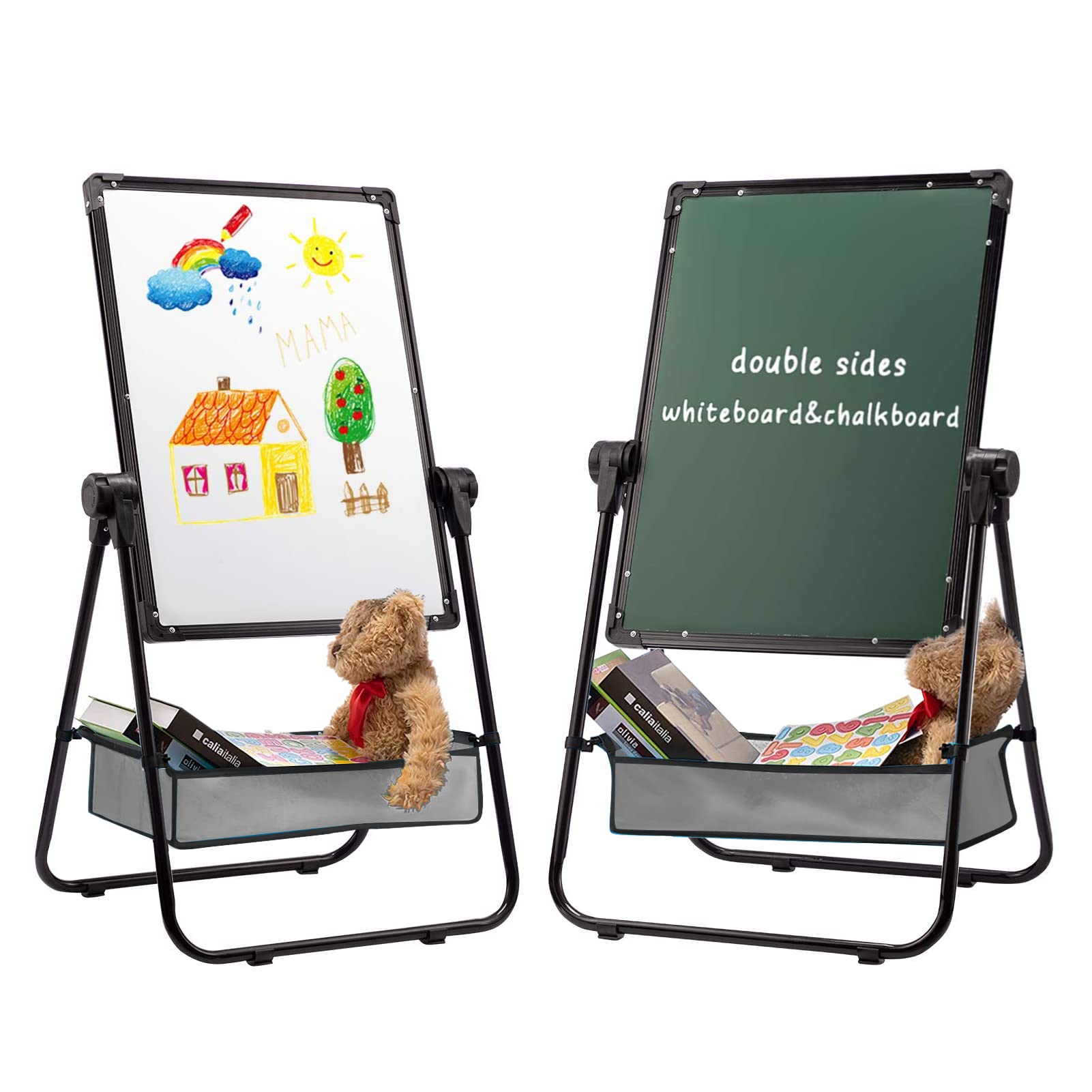 DOEWORKS Easel Magnetic Whiteboard Easel, Double Sides Whiteboard & Chalkboard U-Stand Writing Drawing Board, Height Adjustable & 360°Rotation, Black