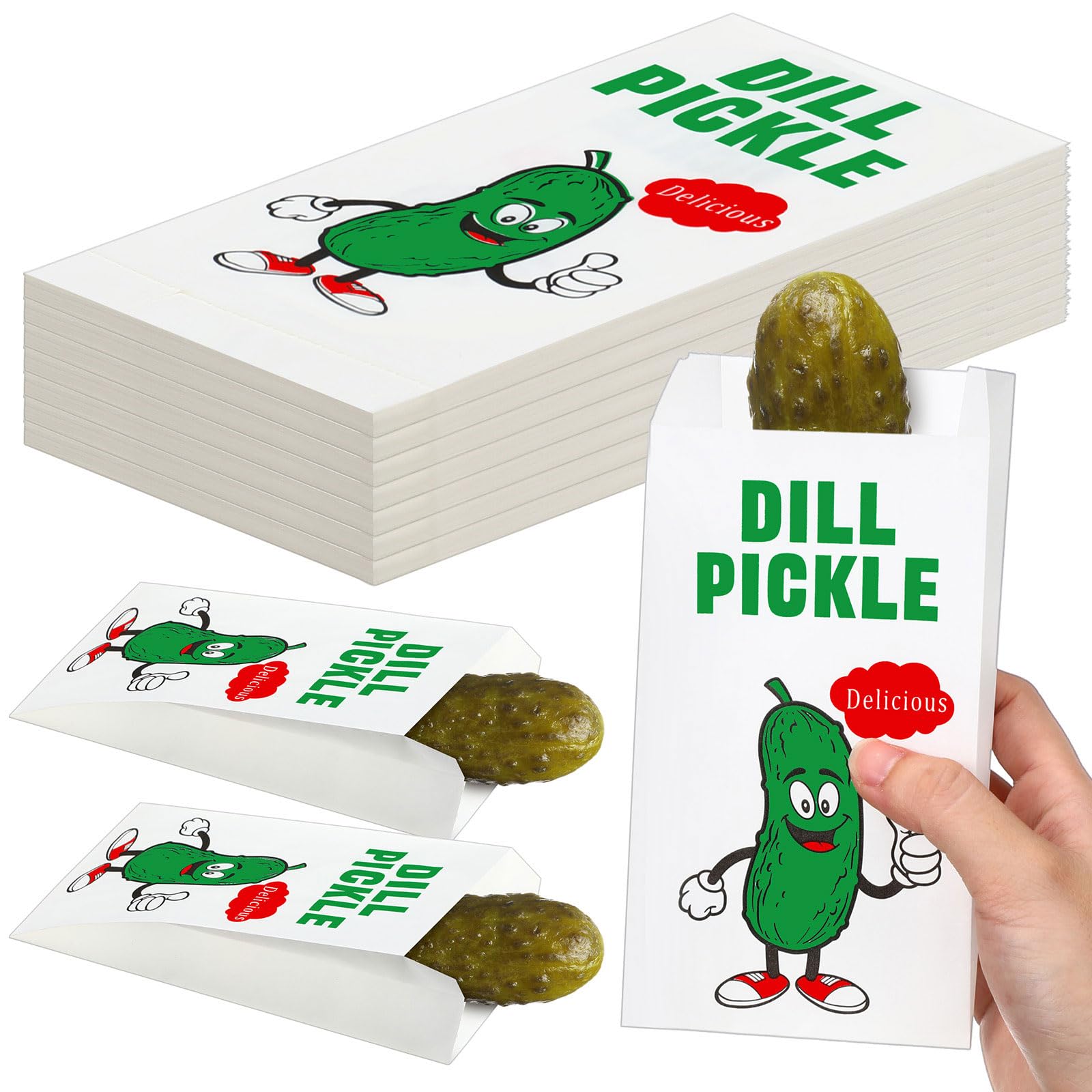 Photo 1 of 50 Pcs 6.5 x 3'' Dill Pickle Bags Pouches Paper for Selling, Paper Pickle Wrapping Sleeve Disposable Retro Oilproof Waterproof Snack Sacks for Carnival Christmas Party Fundraiser or Concession Stand
