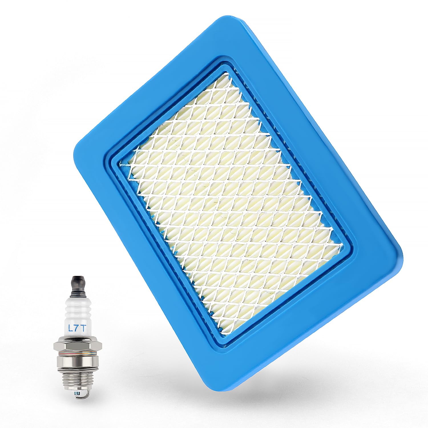 VooGenzek 1 PC Lawn Mower Air Filter and 1 PC Spark Plug L7T, Lawnmower Spark Plug, 491588S Air Filter Cartridge, Compatible with Briggs and Stratton 491588 491588S 4915885 399959 PT15853