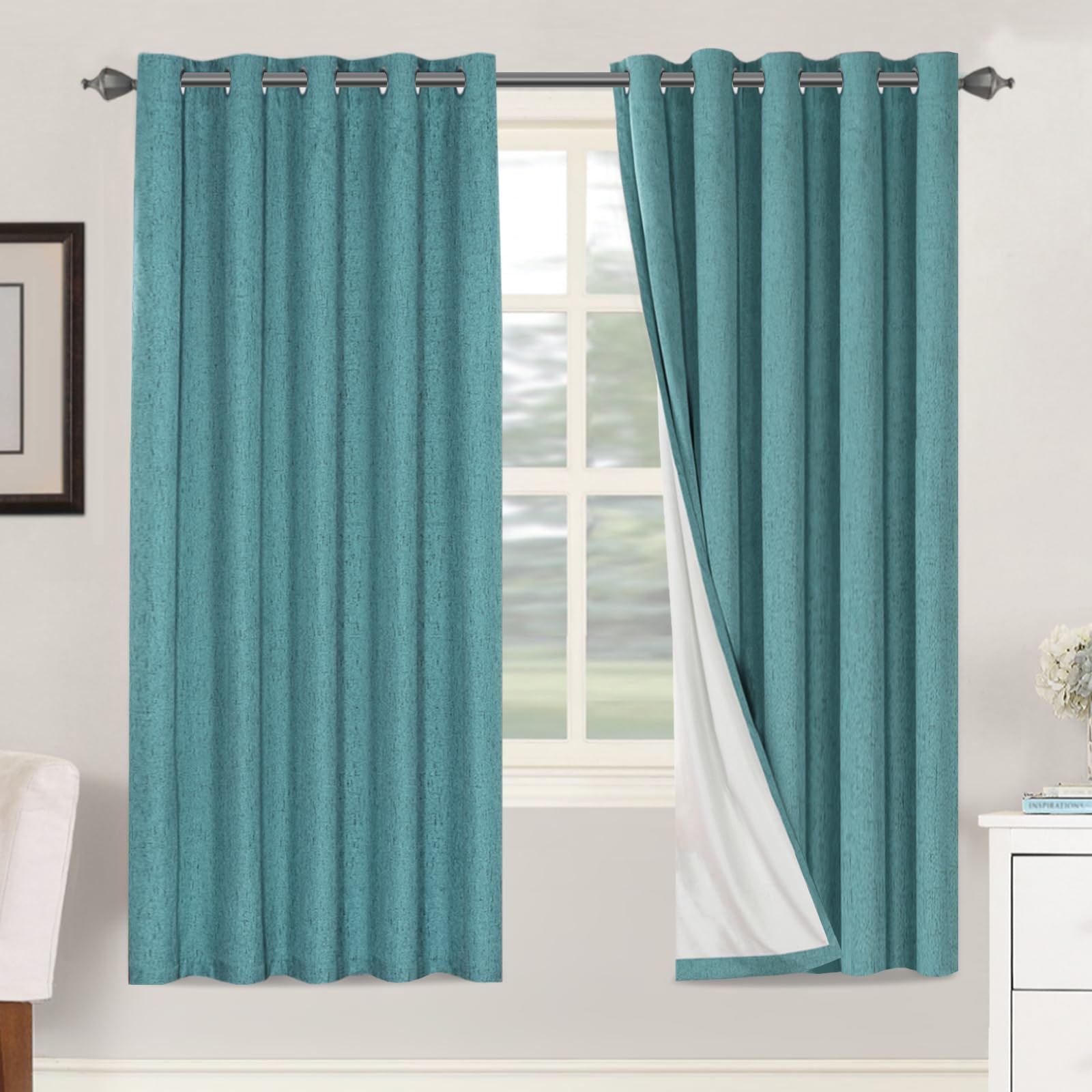 BellaHills 100% Blackout Curtains Linen Textured Blackout Curtains for Bedroom Full Light Blocking Thermal Insulated Curtain Panels Energy Saving with White Liner, 2 Panels, 66 x 72 Inch, Teal