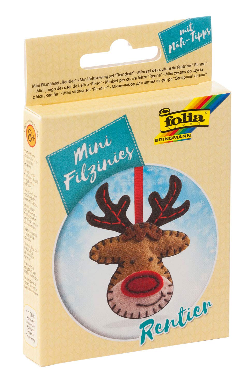 folia 52916 Felt Sewing Kit for Kids Mini Felting, Reindeer Pendant, 9 Piece Felt Sewing Kit for Making a Self-Sewn Pendant