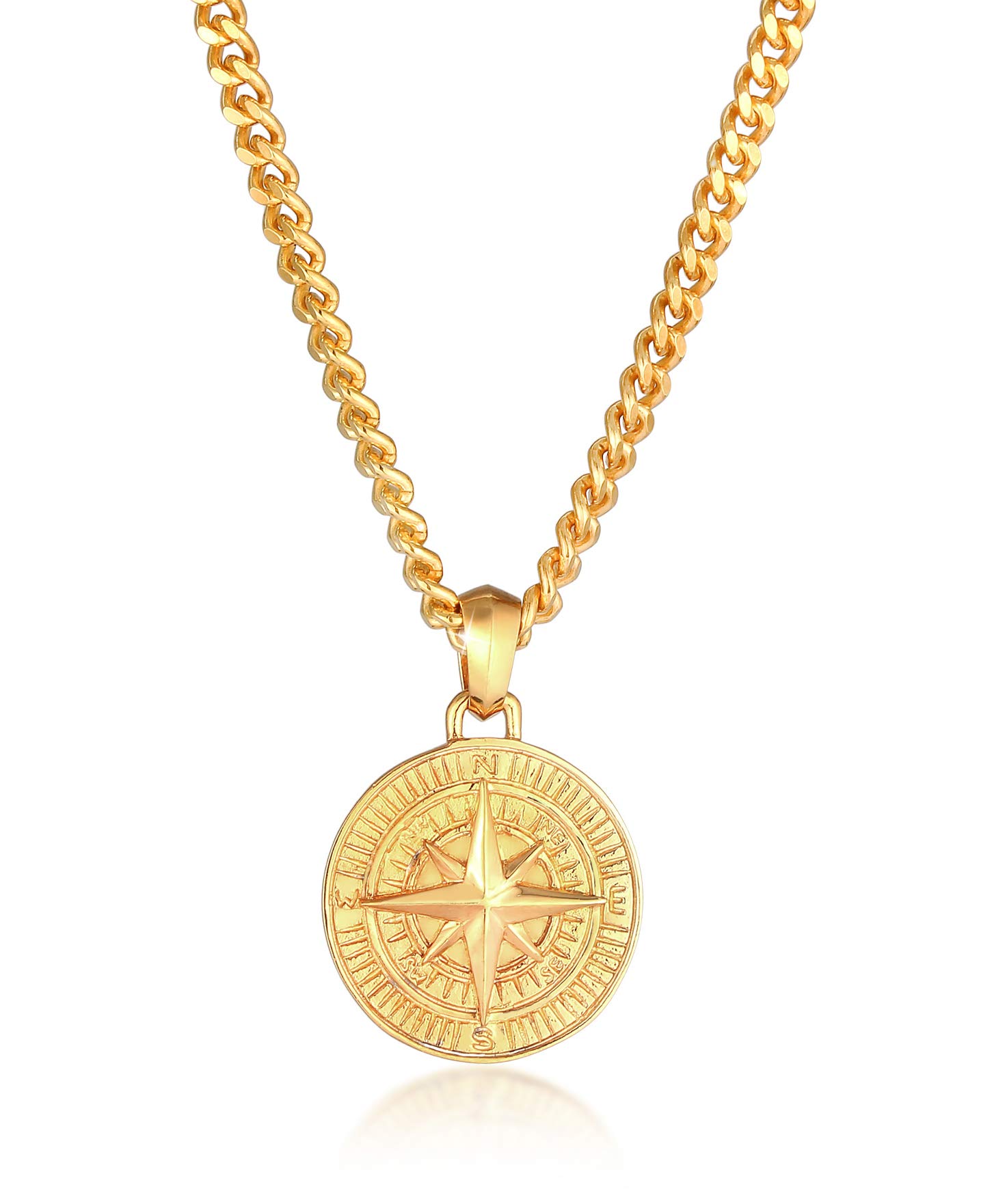 Kuzzoi Men's Silver Necklace with Compass Pendant (34 mm), 925 Sterling Silver Gold-Plated, Maritime Curb Chain, Men's Necklace with Pendant Handmade, Length 50 or 60 cm, Gold