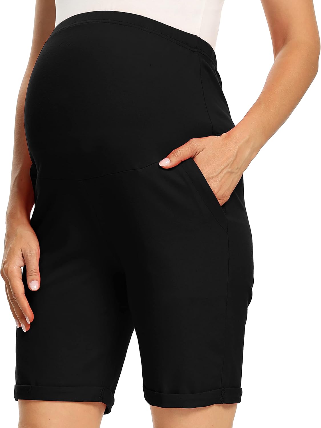 V VOCNI Women's Maternity Shorts Lounge Cotton Bermuda Shorts Folded Hem Pregnancy Shorts with Pockets at  Women’s Clothing store