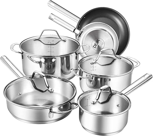 Deik Bateria De Cocina Juego De Sartenes Y Ollas Acero Inoxidable 10 Piezas Resistentes A La Oxidacion Y Aptas Horno Asas De Agarre Remachadas Amazon Es Hogar