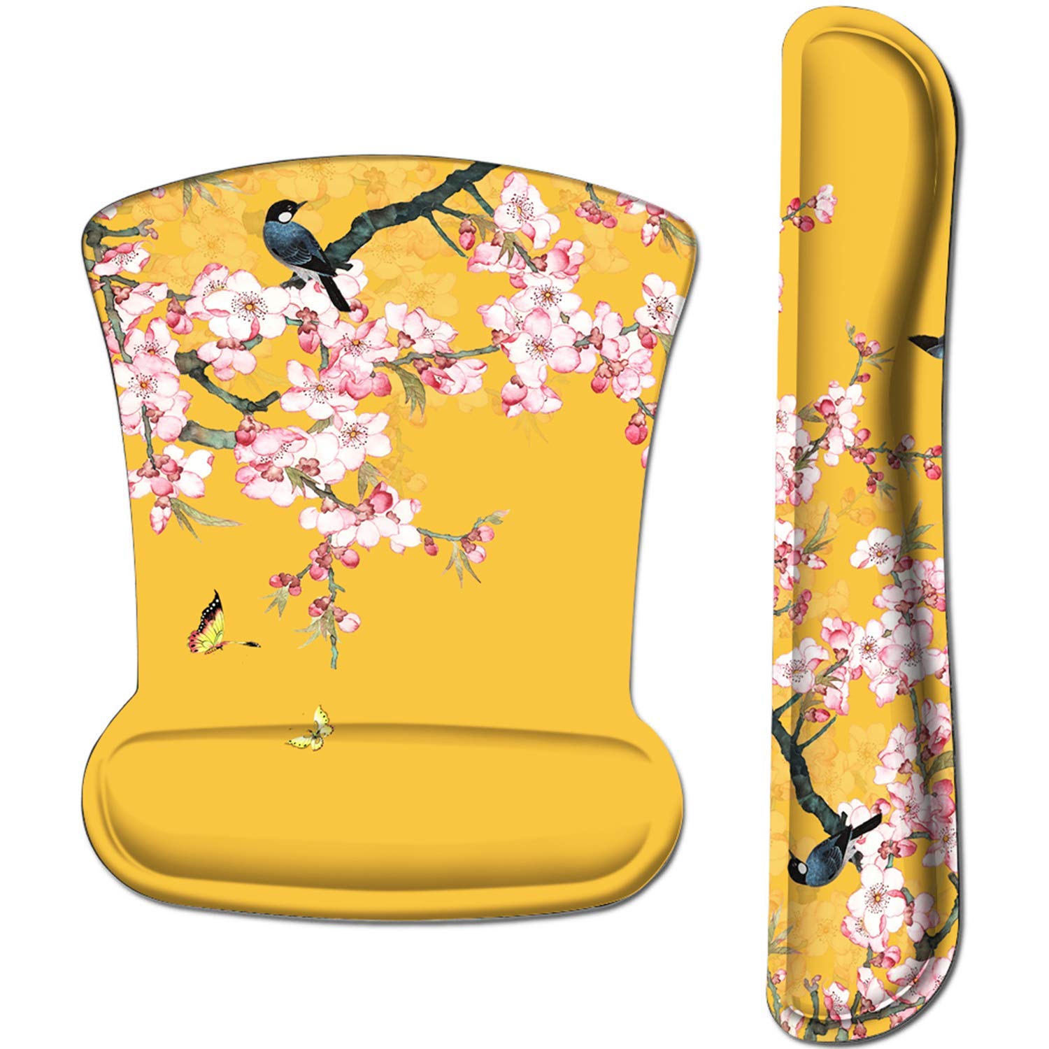 iCasso Mouse mat Wrist Support Set, 2in1 Keyboard Wrist Rest+Ergonomic Mouse Pad, Non-Slip Rubber Base Cute Mouse Mat Made Easy Typing and Relieve Wrist Pain (Bird&Flowers)
