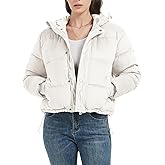 Flygo Puffer Jacket Womens Cropped Corduroy Hooded Winter Jackets Warm Quilted Long Sleeve Bubble Down Coats