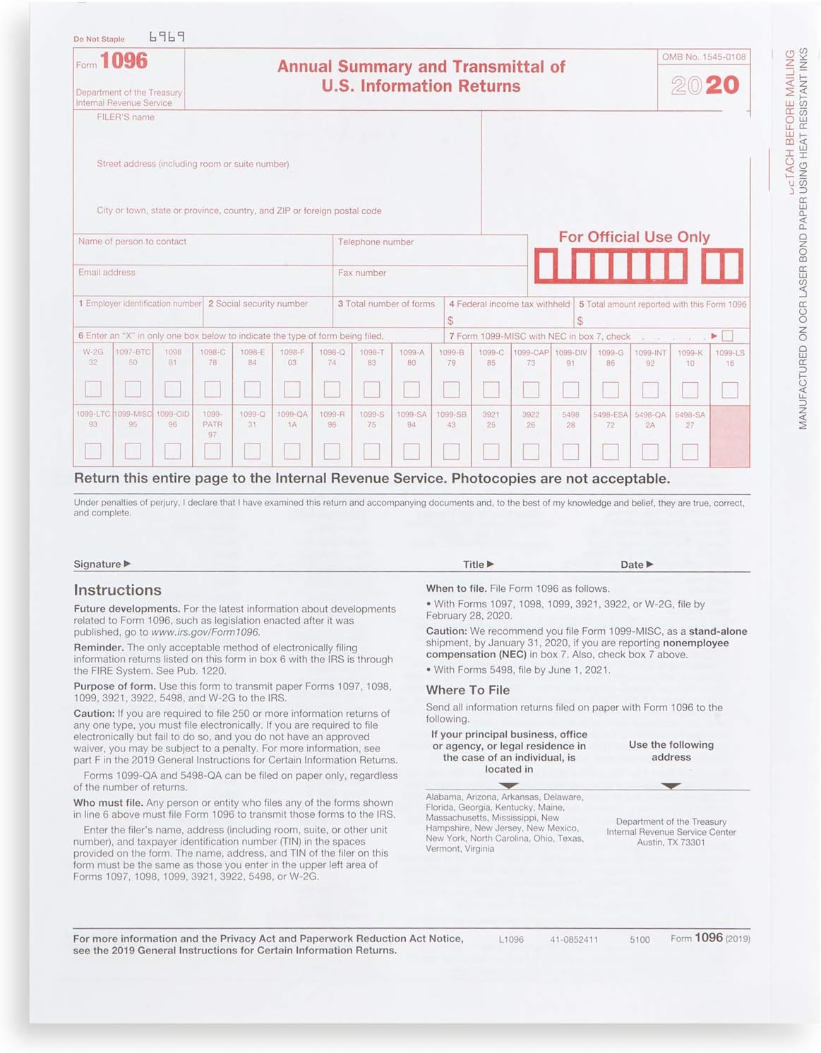 1096 Transmittal 2020 Tax Forms, 25 Pack of 1096 Summary Laser Forms, Compatible with QuickBooks and Accounting Software : Office Products
