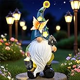 Cinsenten 10.6” Funny Solar Garden Gnome Statue with Sunflower Butterfly Light, Outdoor Waterproof Resin Gnome Figurines Decor for Yard, Lawn,Valentines Mothers Day Birthday Gifts for Mom Grandma
