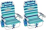 Tommy Bahama 5 Position Beach Chair, Zippered Insulated Cargo Pouch, Cup and Cell Phone Holders, Towel Bar, Pillow for Extra Comfort, Heavy-Duty Weight Capacity, 2-Pack (Aqua Stripes)