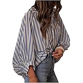 SweatyRocks Women's Puff Sleeve Striped Button Down Ruffle Peplum Loose Shirt Top Blouse