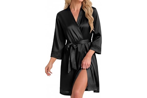 Ekouaer Silk Robes for Women Sexy Kimono Lingerie Bridesmaid Party 3/4 Sleeve Lace Bathrobe