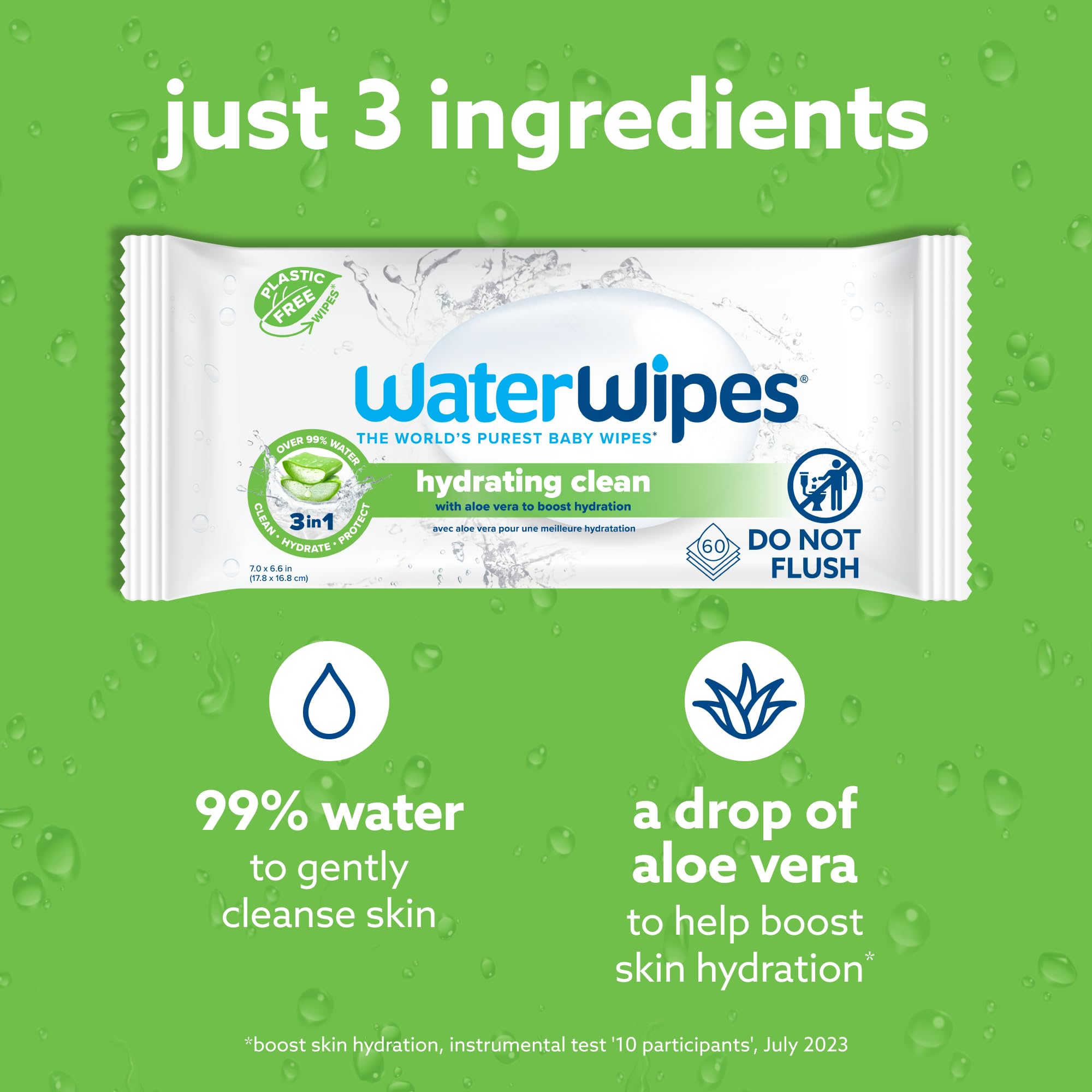 WaterWipes Sensitive+ Hydrating Boost Wipes, 3-In-1 Cleans, Cares, Hydrates, 99% Water with Aloe Vera, Unscented & Hypoallergenic Baby Wipes, 60 Count (1 Pack)