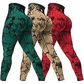 Rugkey Women's 3 Piece Yoga Leggings High Waist Tie Dye Seamless Scrunch Butt Lifting Athletic Booty Pants