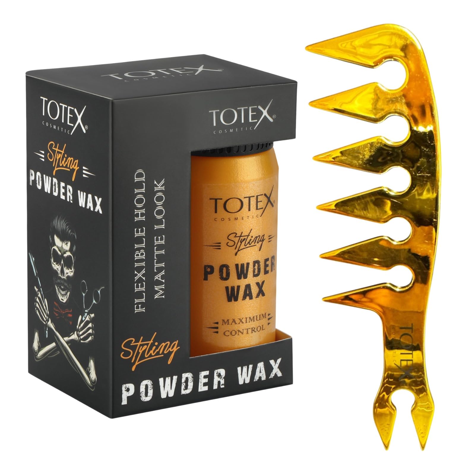 Totex Hair Styling Powder Wax 20g + Wide Tooth Oil Head Comb Gold No3 | Volumizing Matte Dust Powder | Strong Hold Natural Finish | Hair & Beard Styling Kit for Men & Women