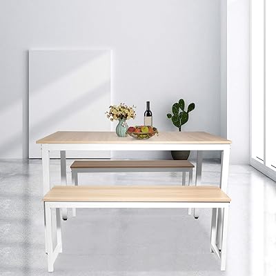 MIERES 3-Piece Metal Frame Dining Set with MDF Board, White Beige