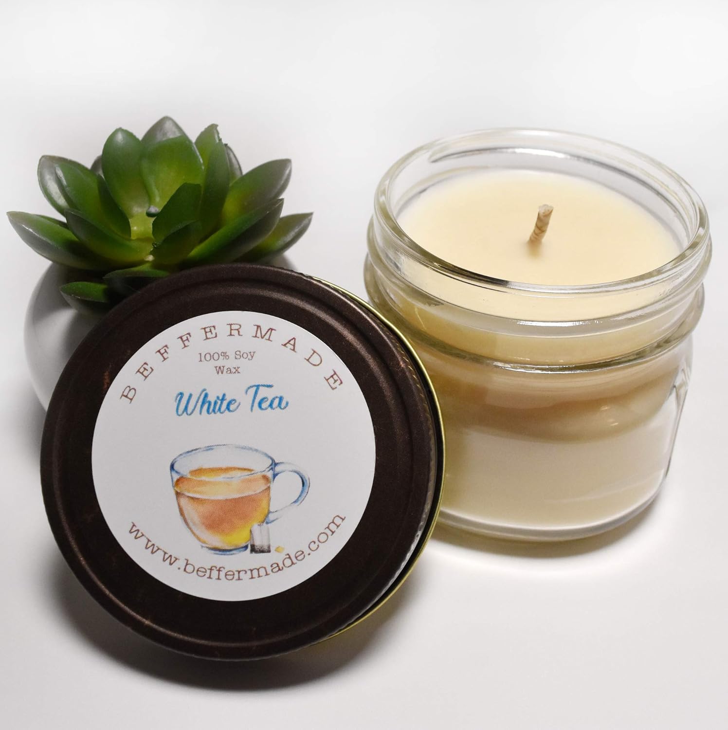 White Tea Candle 4 oz soy mason jar candle Handmade