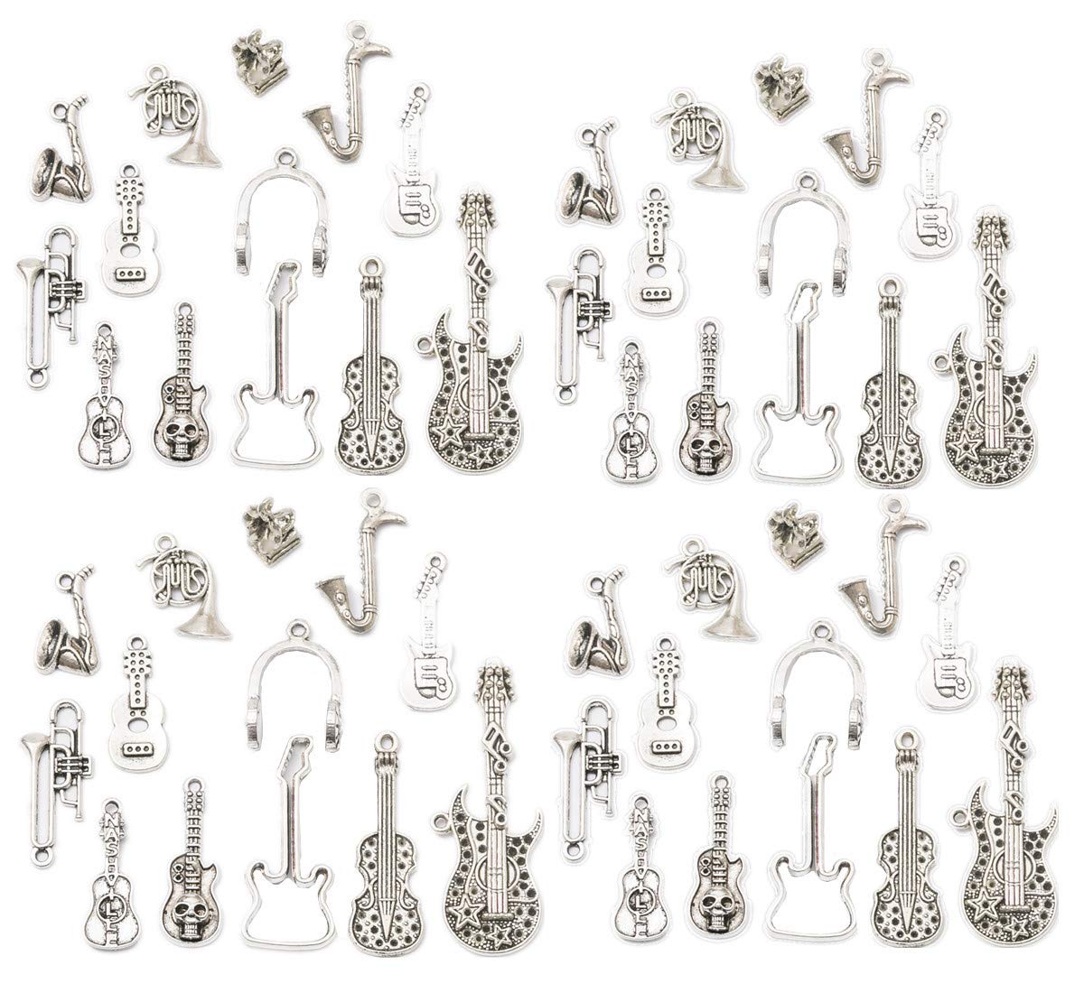 Zhiheng Assorted 52pcs Musical Instrument Alloy Pendants Bass Guitar Horn Cello Viola Trumpet Sax Wine Glass Charms Bracelet Necklace Jewelry Making Beads for Birthday Christmas Valentine's Gift
