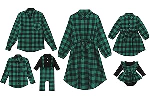 AWIBMK Family Matching Outfits Christmas Green Red Plaid Mommy and Me Dresses Fall Winter Xmas Family Outfits for Photoshoot