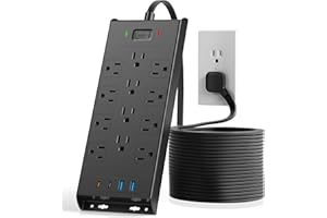 Surge Protector Power Strip 4800J, LeZone 10Ft Long Extension Cord Flat Plug, 12 Outlets 2 USB C 2 USB Ports, Wall Mountable, 20W Desk Charging Station, Black