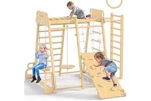 BlueWood Upgraded Indoor Playground 9-in-1 Jungle Gym Kids Climbing Toys, Waldorf Style Wooden Climber Playset with Slide, Sw