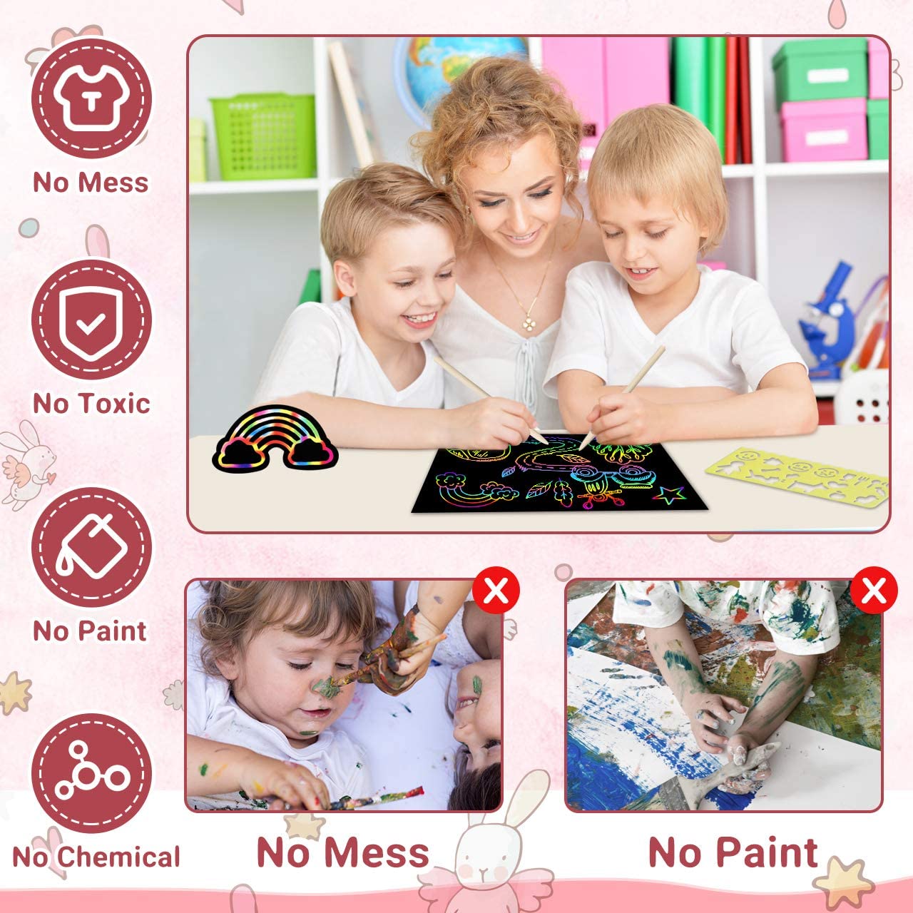 ZMLM Scratch Rainbow Art Paper Set - 100Pcs Magic Scratch Off Art Craft Supplies Kits for Kids Girls Boys Black Scratch Notes Sheet Doodle Pad for Fun DIY Toy Party Favors Christmas Birthday Gift