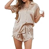 Brezzistaxs Silky Satin Pajamas for Women, Soft Short-Sleeve Button-Up Top Drawstring Shorts - Classic Pinstripe Satin PJ Set