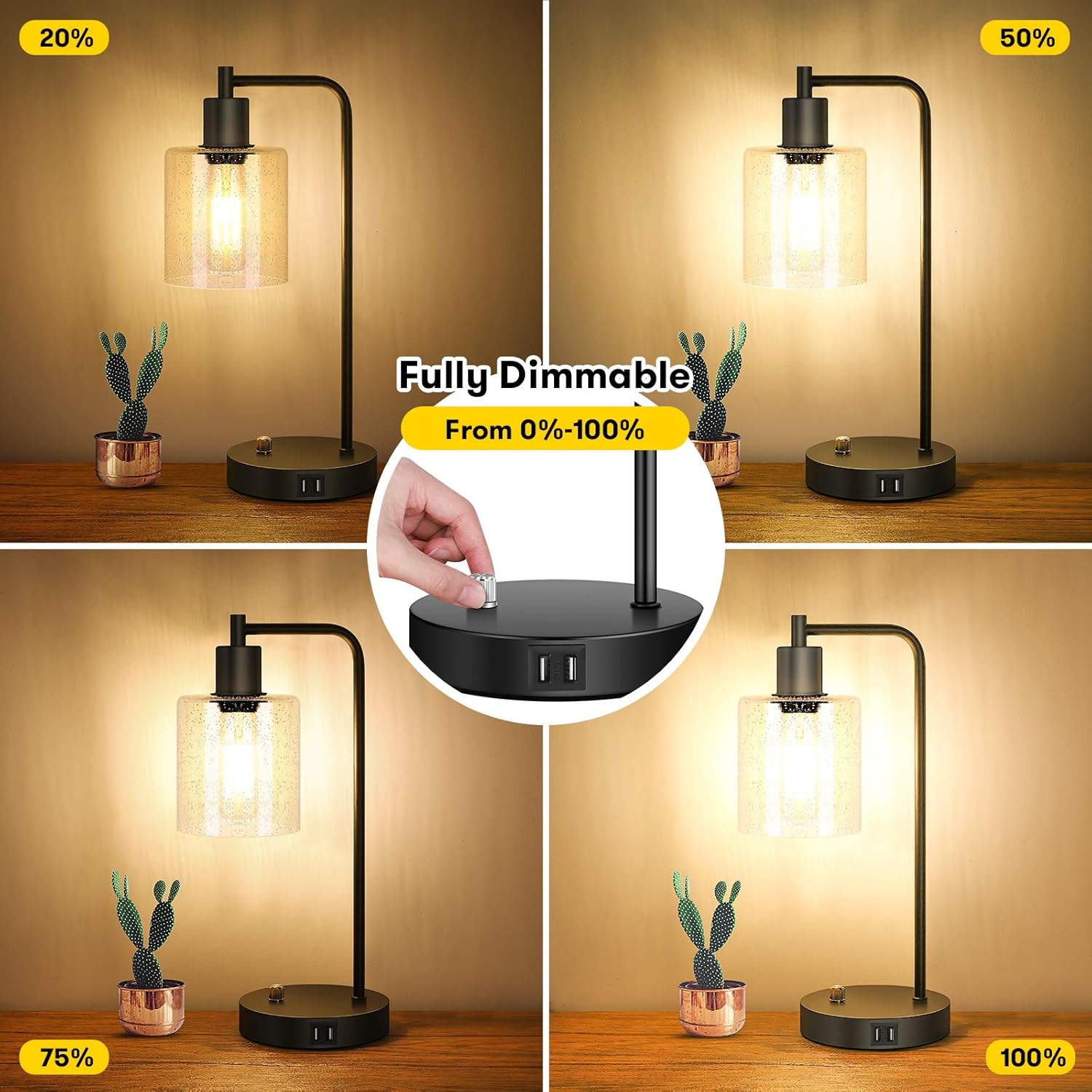 Set of 2 Fully Stepless Dimmable Industrial Table Lamps with 2 USB Ports & AC Outlet, Bedside Nightstand Desk Lamps with Seeded Glass Shades for Bedroom Dorm Living Room, 2 7W 2700K LED Bulbs Included - - 