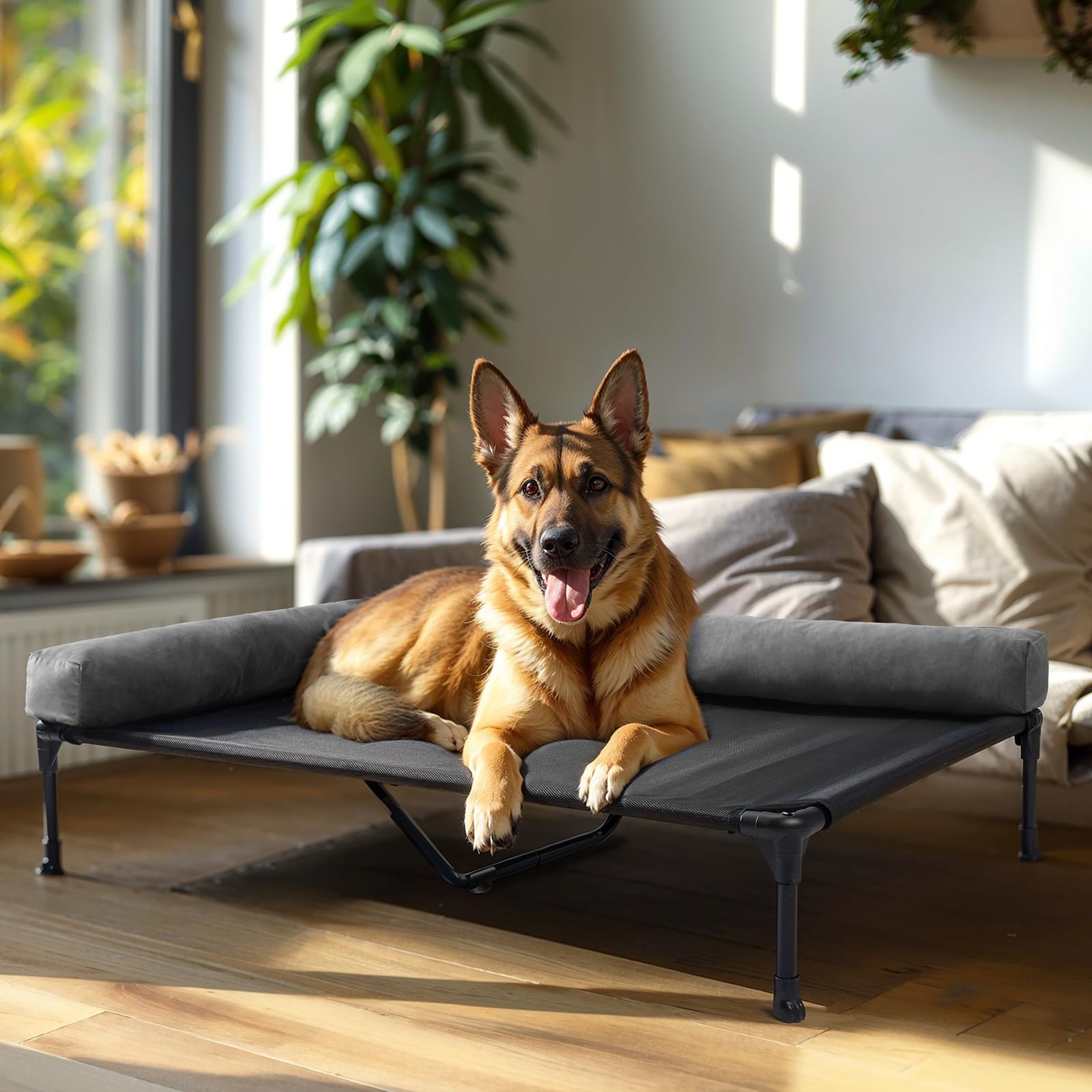 Photo 1 of *MISSING FRAME* Veehoo Elevated Dog Bed-Raised Cooling Outdoor Dog Cot for Large Sized Dogs Outside Off Ground with Breathable Mesh & No-Slip Feet Pet Hammock Bed with Removable Bolster-49 x 33" Black