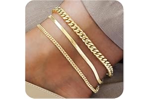 HANCAO Plus Size Ankle Bracelets for Women - Extra Large 10"+2" Adjustable Anklet 14K Real Gold Plated Anklet Cuban Link, Figaro, Rope, Snake Herringbone - Summer Beach Waterproof Foot Jewelry