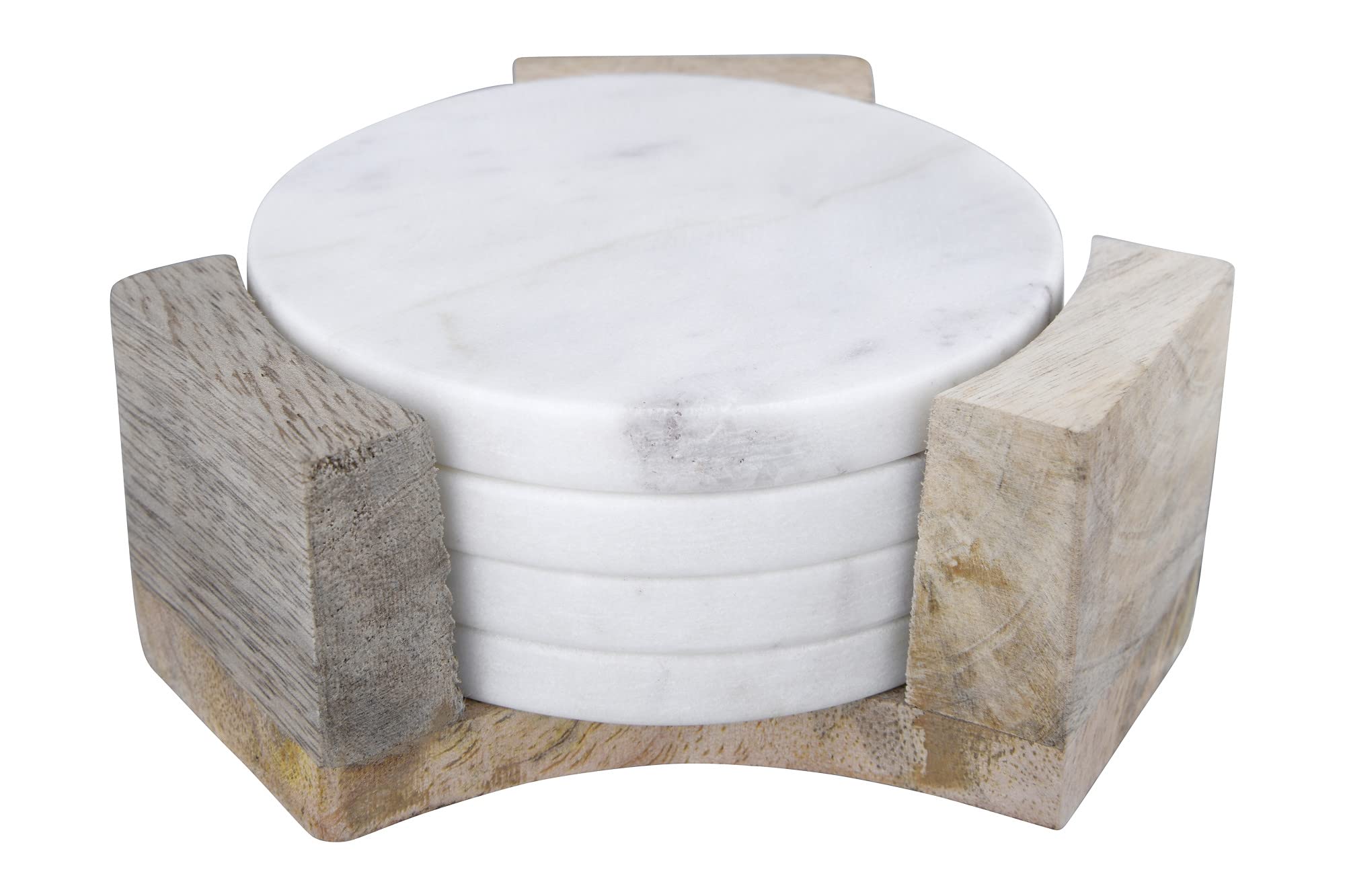 Bloomingville Round Marble Coasters with Mango Wood Holder (Set of 5 Pieces), Model Number: AH1054