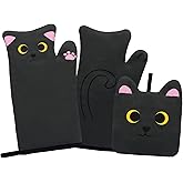 NIGOWAYS Oven Mitts,Cute Cat Design Cooking Glove,Quilted Cotton Lining,Heat Resistant Oven Mitts and Pot Holders Sets for Baking,Microwave,Cute Mitts Gift for Mom,Housewarming(Black)
