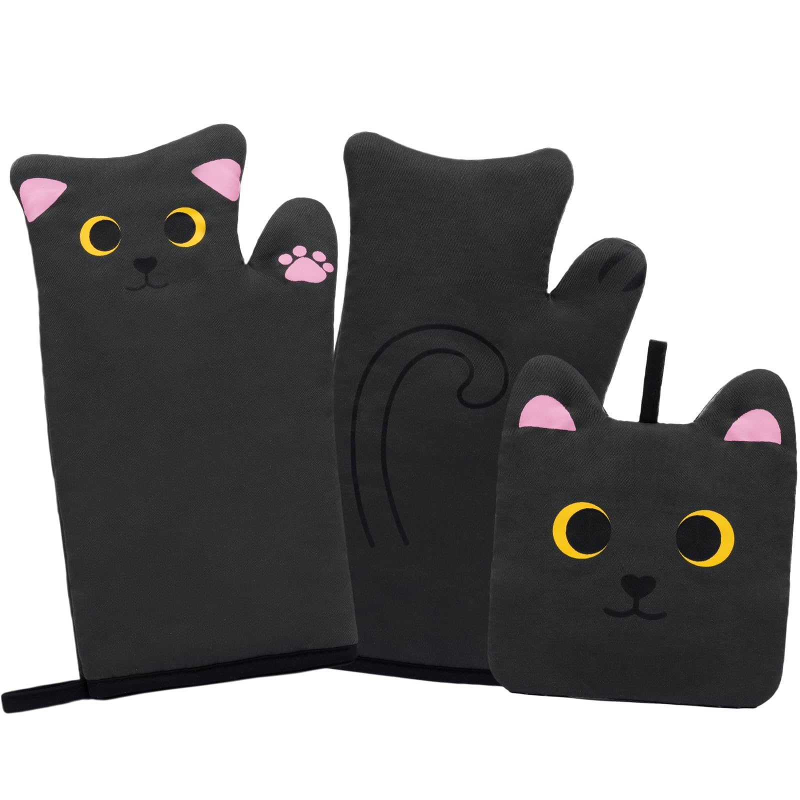 Photo 1 of (ONLY GLOVES) NIGOWAYS Oven Mitts,Cute Cat Design Cooking Glove,Quilted Cotton Lining,Heat Resistant Oven Mitts and Pot Holders Sets for Baking,Microwave,Cute Mitts Gift for Mom,Housewarming(Black)