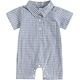 Karuedoo Newborn Baby Boy Clothes Gingham Short Sleeve Collared Romper Jumpsuit Plaid Button Down Bodysuit Summer Outfit