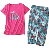 ENJOYNIGHT Womens Pajama Sets Cotton Pj Set Short Sleeve Top With Capri Pants Sleepwear 2 Piece Lounge Set